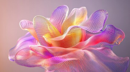 Aufkleber - Surreal 3D abstract flower with wavy biological lines and transparent materials in a blend of pink, purple, and yellow.