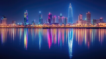 Poster - The glittering lights of Manama, Bahrain, seen at night across Bahrain Bay, with reflections shimmering on the water's surface.