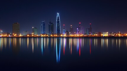 Poster - The glittering lights of Manama, Bahrain, seen at night across Bahrain Bay, with reflections shimmering on the water's surface.