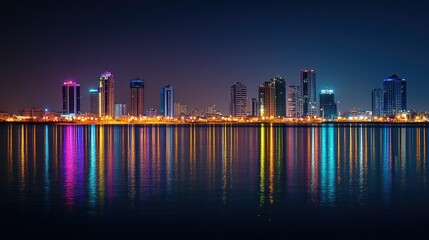 Poster - The glittering lights of Manama, Bahrain, seen at night across Bahrain Bay, with reflections shimmering on the water's surface.