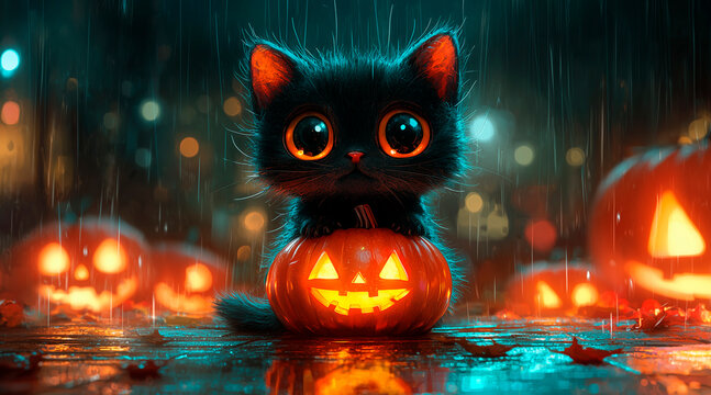 little cat, Adorable Cartoon in halloween season