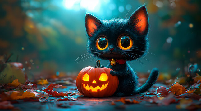 little cat, Adorable Cartoon in halloween season
