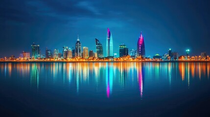 Poster - The vibrant lights of Manama at night, reflected in the calm waters of Bahrain Bay, highlighting the city dynamic energy.