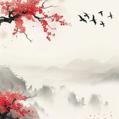 Watercolor painting of a misty mountain landscape with cherry blossoms and birds.