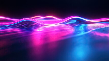 Fototapete - Vibrant 3D neon wave in the dark, casting a bright reflection on a smooth floor surface, perfect for digital backgrounds and covers.