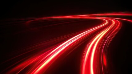 Poster - Vibrant red light trails curving rapidly on a black background, emphasizing speed and dynamic motion in a modern vector design. -
