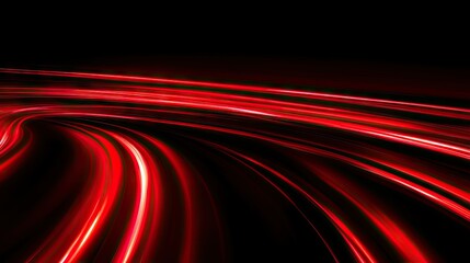 Poster - Vibrant red light trails curving rapidly on a black background, emphasizing speed and dynamic motion in a modern vector design. -