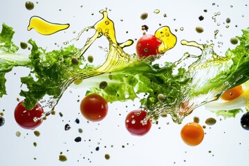 An artistic composition featuring fresh salad ingredients,