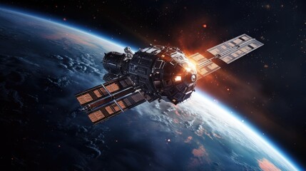 Wall Mural - a futuristic spacecraft orbits a distant planet, its solar panels catching the light of a distant su