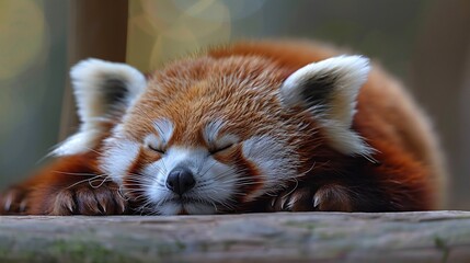 Wall Mural - cute red panda sitting on a tree branch in the forest, wild wildlife animal in nature, climbing and 