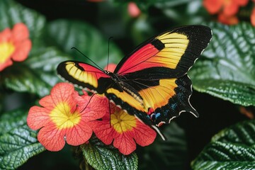 Wall Mural - A Red, Yellow, and Black Butterfly Perched on a Flower