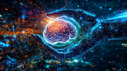 Aufkleber - Robotic hand holding a glowing brain symbolizing artificial intelligence and futuristic technology.
