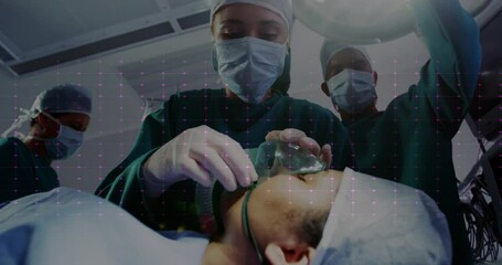 Poster - Medical professionals performing surgery over digital grid animation