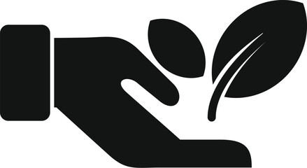 Poster - Black silhouette of a hand holding a young plant with leaves, symbolizing ecology and environmental protection
