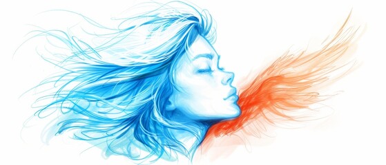 Canvas Print -  A digital painting of a woman's face with her hair billowing in the wind