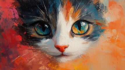 whimsical feline portrait impressionistic brush strokes vibrant palette expressive cat eyes dreamlike background