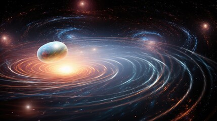 Wall Mural - a swirling galaxy of stars and light, with a lone planet in the foreground, creates a mesmerizing co