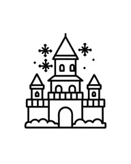 Editable stroke vector illustration of a snow castle with a central tower and two smaller towers on either side, surrounded by snowflakes.