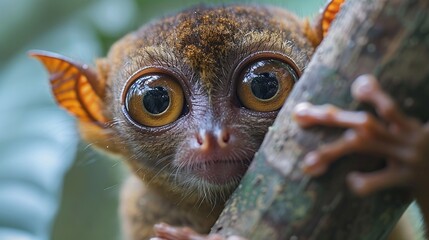 Wall Mural - tarsier monkey closeup in jungle habitat, tarsius syrichta in natural tropical forest environment, s