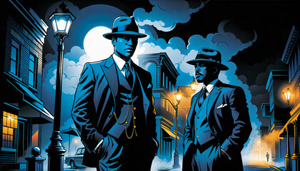 Illustration of a detective on a nighttime scene.