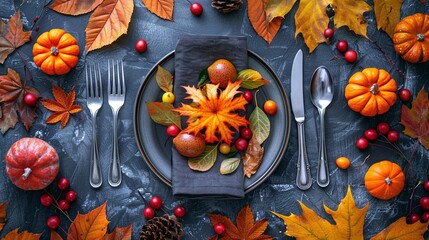 autumn thanksgiving place setting with cutlery, fall leaves, and pumpkin centerpiece, top view flat 