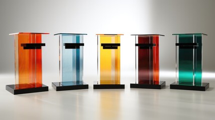 Five colorful glass pedestals stand on a white background. Each pedestal is made of clear glass with a different colored panel in the center.