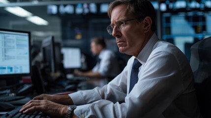 Poster - An analyst wearing a formal shirt and tie is deeply concentrated on his work at a cluttered desk filled with screens, highlighting the intensity of a late-night task in a control room