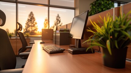 Poster - The workspace features a sleek desk with a computer and keyboard, surrounded by greenery, as the warm glow of sunset illuminates the room, creating a tranquil atmosphere
