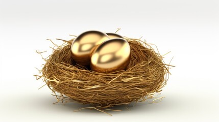 Two golden eggs nestled in a golden nest, a symbol of wealth and prosperity. The gleaming eggs and nest create a luxurious and opulent image.