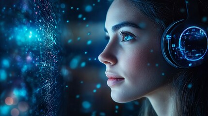 Wall Mural - A woman in headphones appears against a digital interface background, engaged in virtual communication.