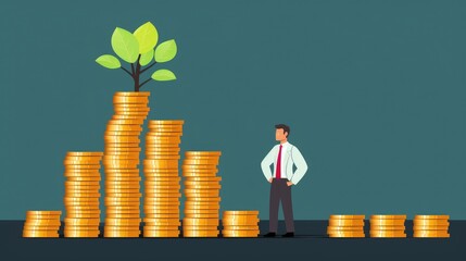 A businessman stands confidently between two stacks of gold coins, one large and one small.