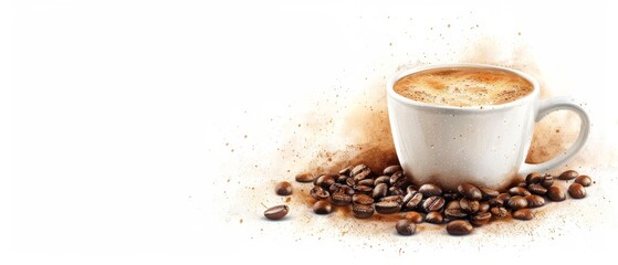  A painting of a white background featuring a cup of coffee filled to the brim, encircled by coffee beans, and a small splash of coffee beside the cup