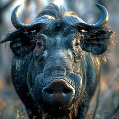 Wall Mural - warthog closeup in a forest environment showcasing the tusks and wild nature of this african mammal 