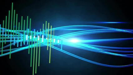 Poster - Blue and green light waves and bars, abstract animation of data visualization