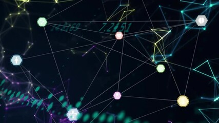 Poster - Network of connections and data processing animation over abstract background