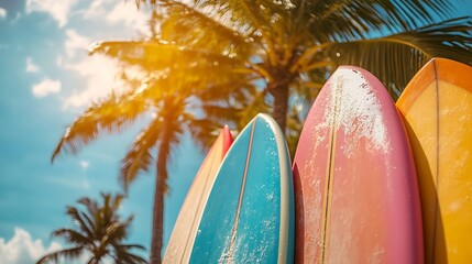 Wall Mural - Colorful surfboards on a tropical beach with palm trees, clear sky, vibrant and sunny beach scene