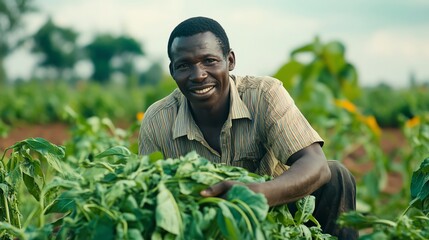 A smiling man harvesting fresh vegetables in a lush green farm under a clear sky, showcasing agricultural life and hard work.