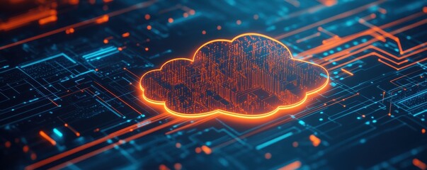 Poster - Digital cloud icon with glowing lines connecting across a circuit board, representing technology, data storage, and communication