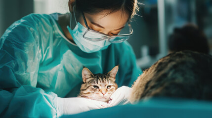 Poster - Dedicated vet in Japan, performing surgery on a cat in a high-tech veterinary hospital.