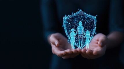 A family holding hands with a protective shield symbolizing health insurance above them