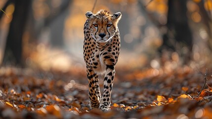Wall Mural - wild male african cheetah walking alone in dense forest, highlighting the predator’s agile and power