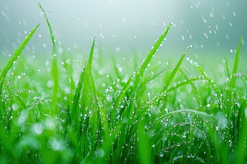 Wall Mural - Raindrops on Green Blades of Grass