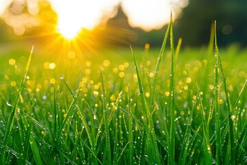 Sticker - Dew-Covered Grass Blades Underneath a Bright Sunrise