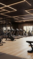 a contemporary gym interior showcasing a variety of exercise stations, designed for both cardio and 