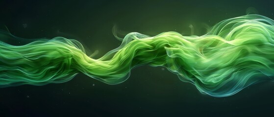 a black background bears a green wave of smoke, encircled by two radiant green lights at its center