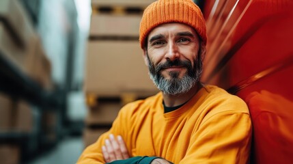 A man with a gray beard wearing an orange shirt and beanie is standing in front of stacked cardboard boxes, showcasing a casual and confident look.