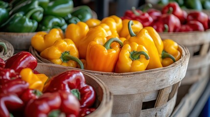 Wall Mural - Colorful baskets brimming with fresh yellow and red bell peppers are displayed at a market, showing the vibrant colors and textures of these commonly consumed vegetables.