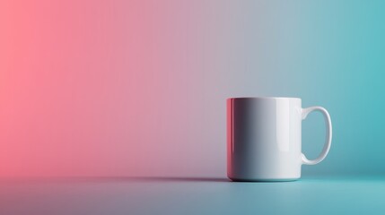 A white coffee mug sits against a pink and blue gradient background, offering a serene and stylish visual with a balanced aesthetic for modern simplicity.