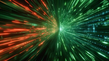 Poster - Dynamic burst of red and green light rays in a vibrant abstract digital universe