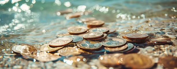 Offshore, metal coins on the seashore. Tax evasion